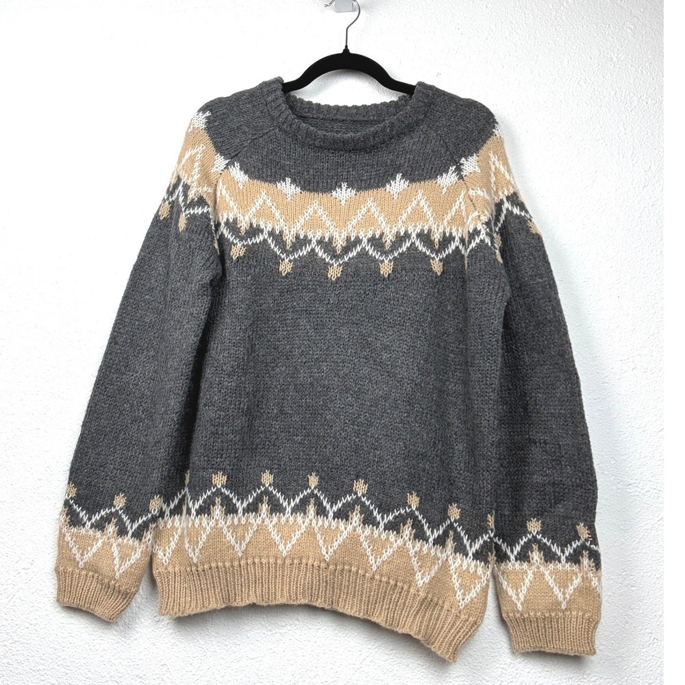Unbranded Charcoal Fair Isle Mohair Sweater - XXL - Knit Wool Cottagecore Boho